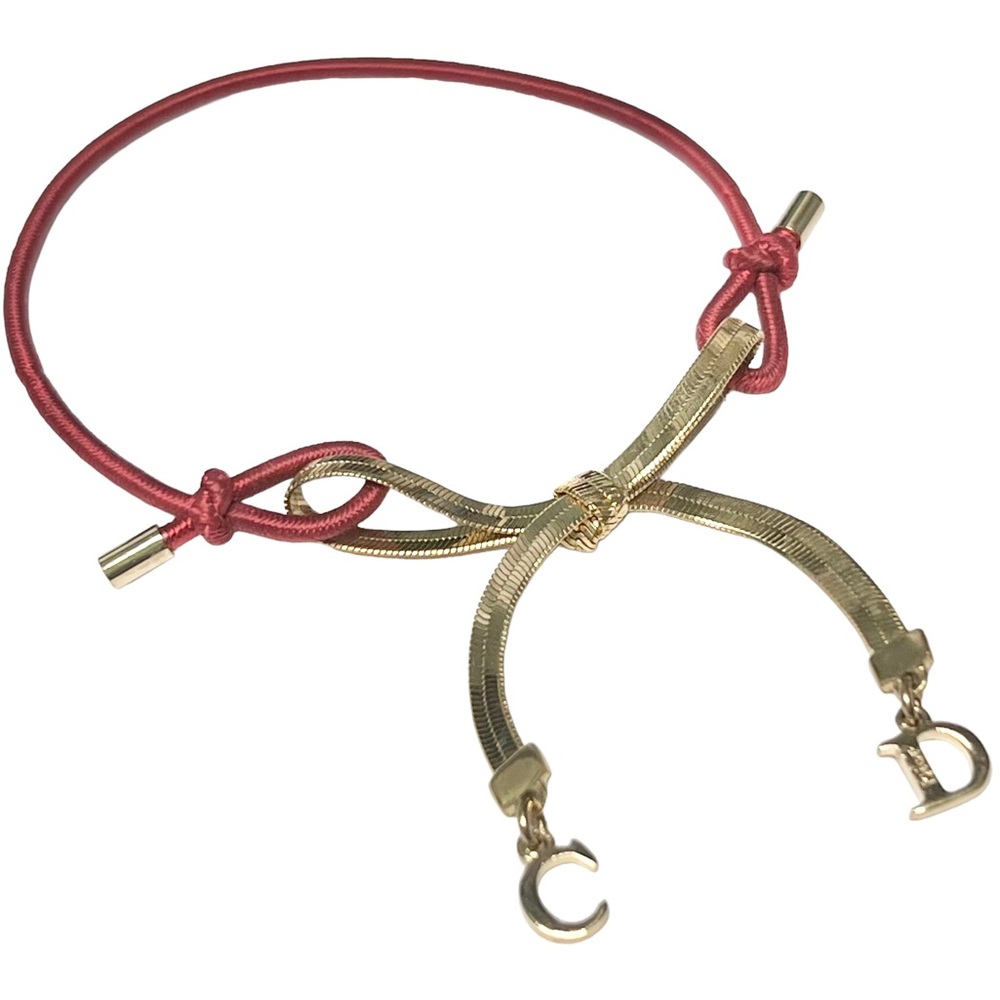 VTG AUTH Christian Dior Red Elastic Gold Chain CD Logo Bow Charm Bracelet